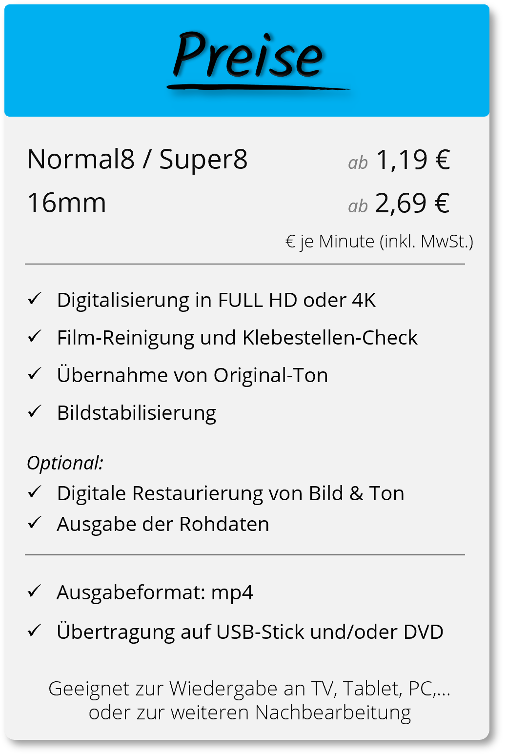 Preisübersicht Schmalfilme