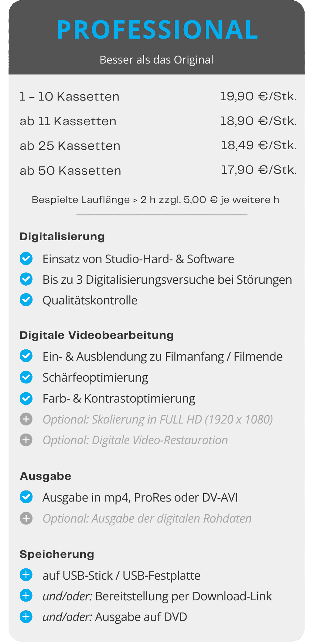 Preise und Leistungen - Professional